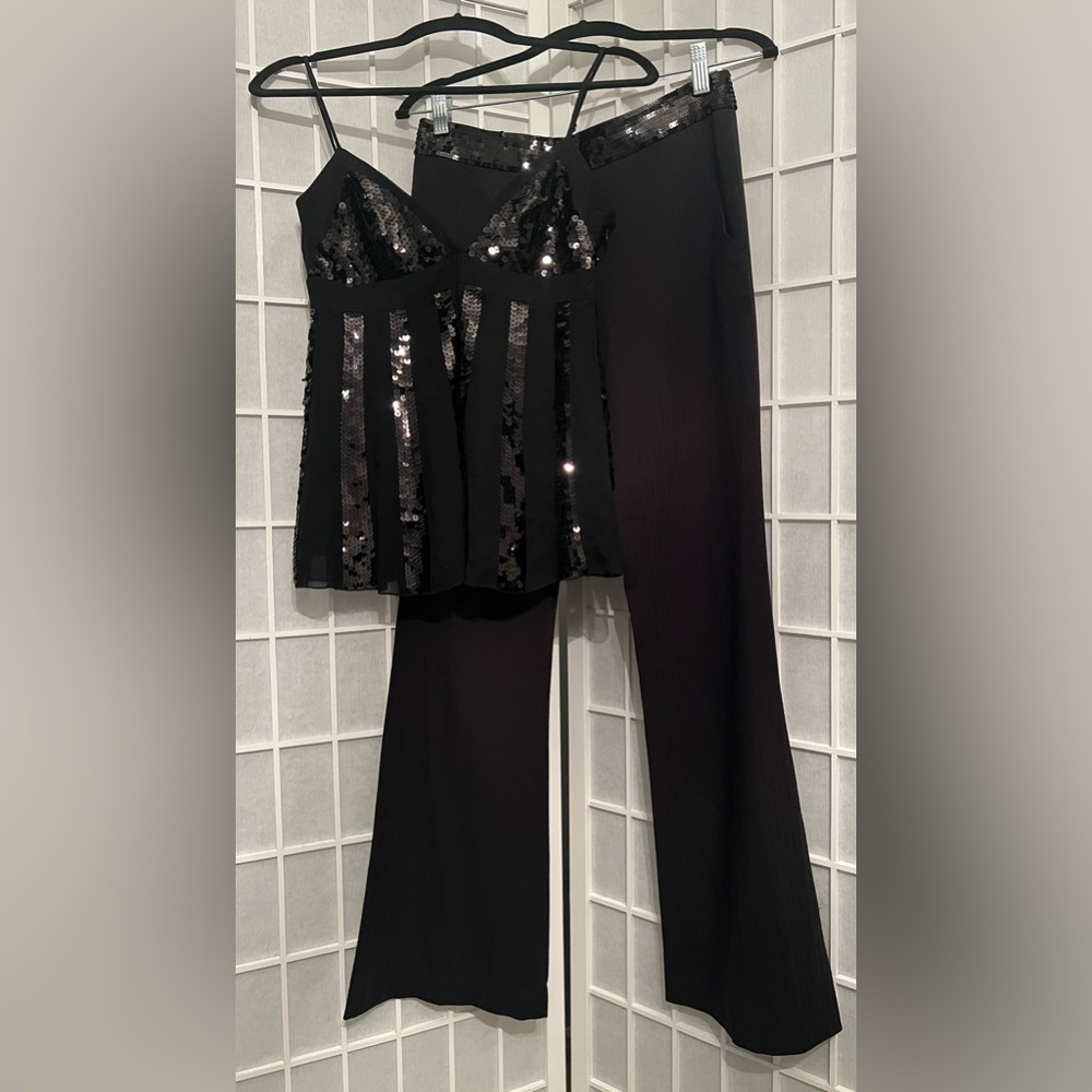 BCBG MAXAZRIA Black Dress Pants, Sequin Silk Cami Top & Cardigan Bolero Set NWT